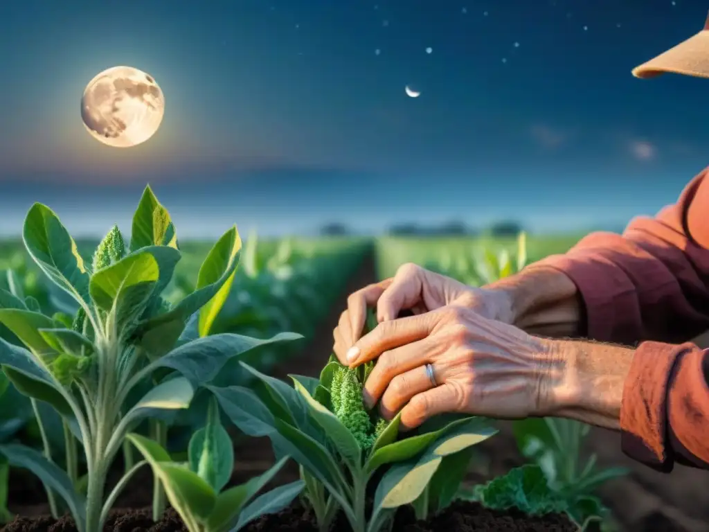 Un granjero protege cosechas con astrología bajo la luna llena, inspeccionando cultivo sin plagas