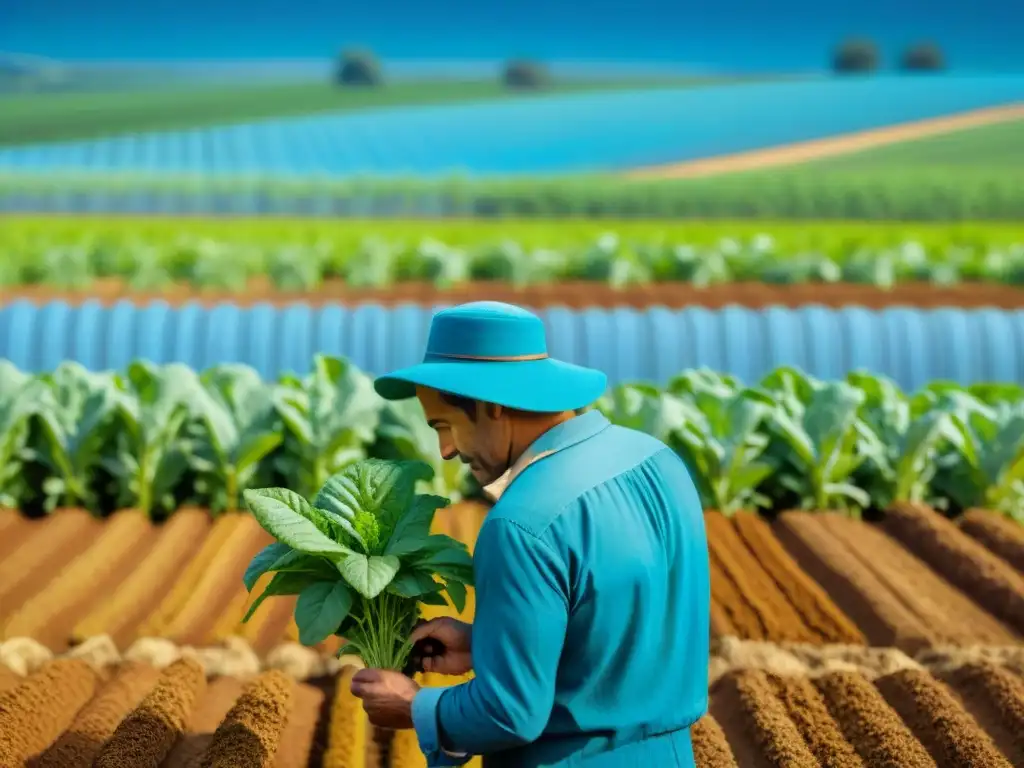 Un granjero examina detenidamente cultivos bajo cielo azul en Mercurio retrogrado en agricultura