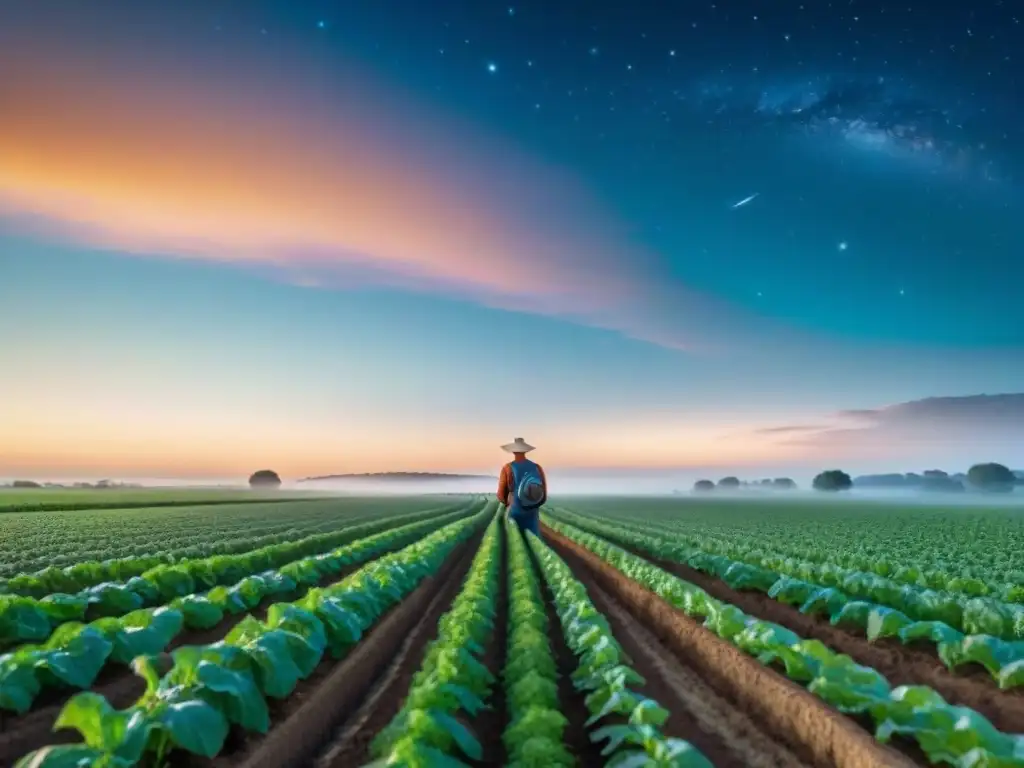 Armonía celeste: agricultor alinea cultivos con astrolabio Un granjero alinea cultivos al amanecer con un dispositivo mostrando posiciones planetarias
