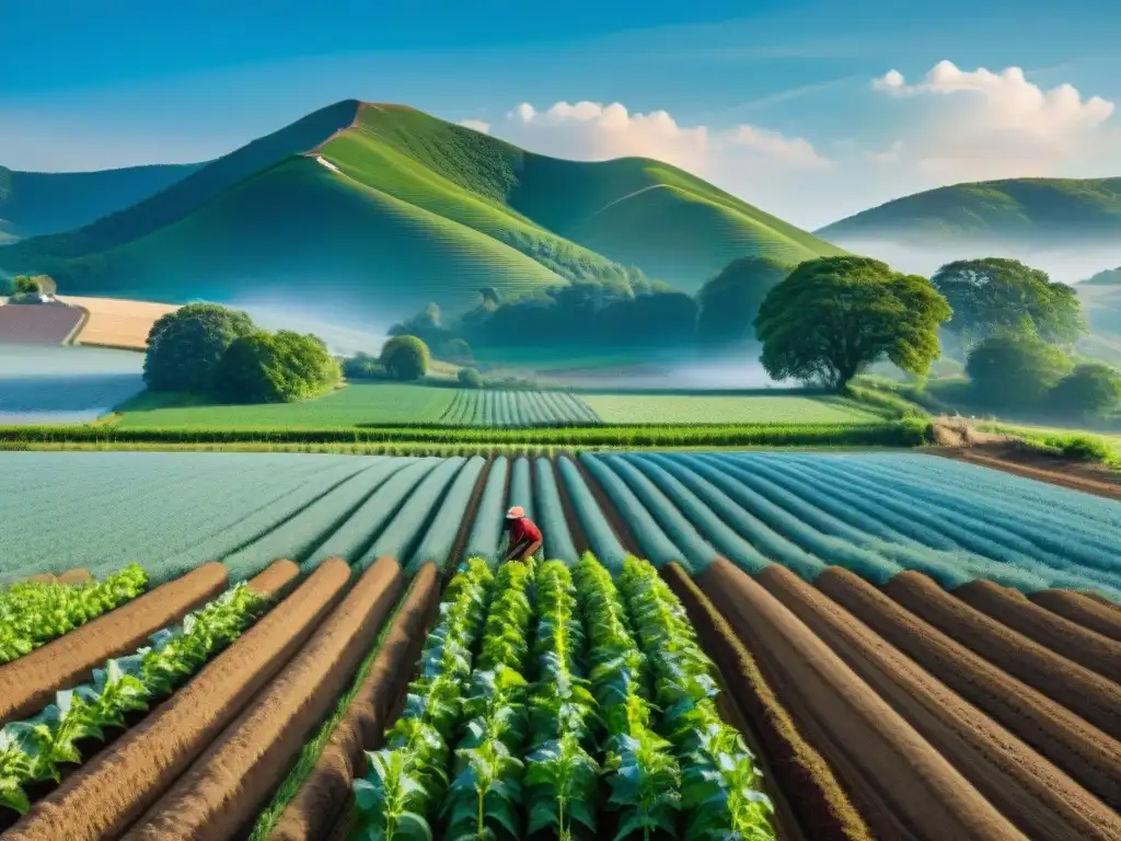 Un granjero plantando semillas con determinación en un campo exuberante bajo el cielo azul