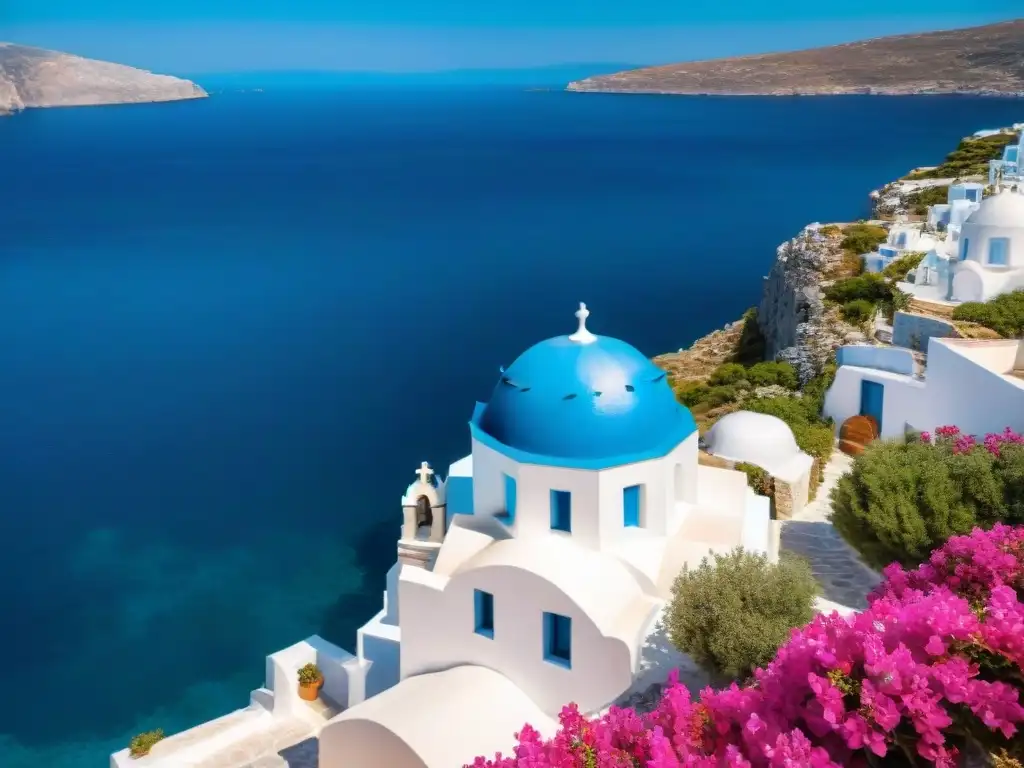 Capilla griega blanca en acantilado con vista al mar turquesa