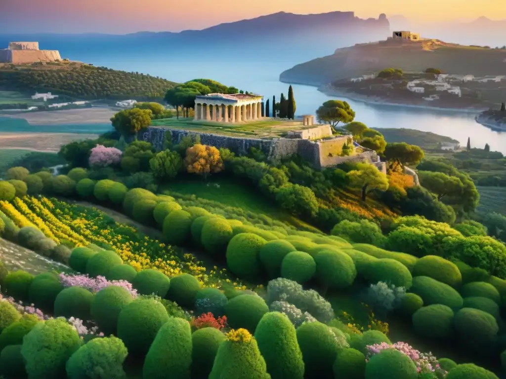 Visión griega del paraíso Campos Elíseos: Paisaje sereno con campos verdes, flores vibrantes y un templo majestuoso al atardecer