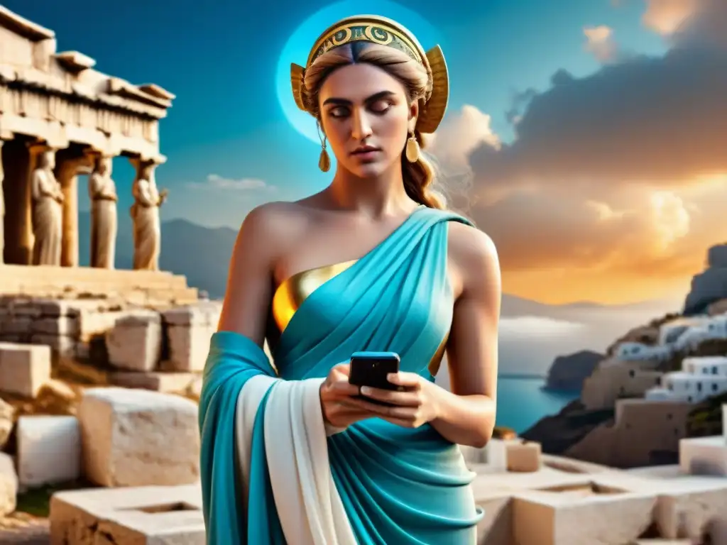 Hera, diosa griega, usa un smartphone rodeada de redes sociales