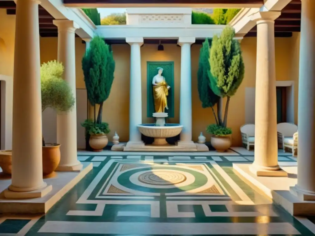 Courtyard griego antiguo con columnas de mármol, mosaico y fuente, reflejando la ética hospitalidad antigua Grecia