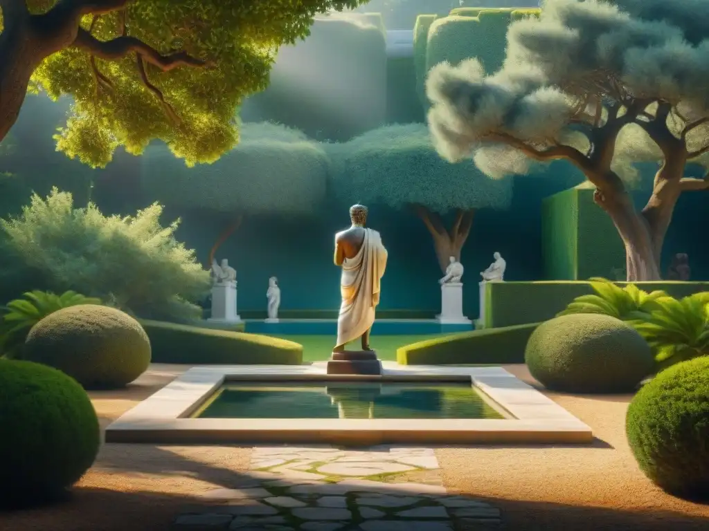 Un jardín griego antiguo sereno con estatuas de mármol, un estanque tranquilo y filósofos debatiendo bajo un roble