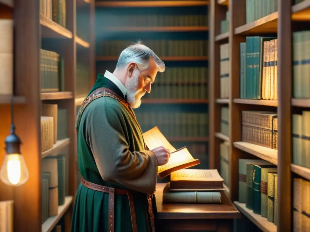 Grupo de académicos estudian manuscritos celtas antiguos rodeados de libros, transmitiendo dedicación por la preservación del legado lingüístico celta