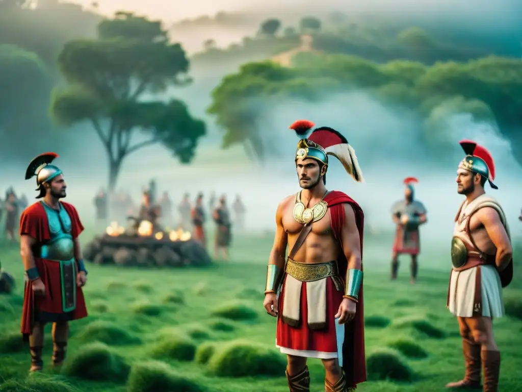 Grupo de actores en trajes romanos en ritual de fertilidad durante Lupercales entre ruinas, naturaleza y simbolismo