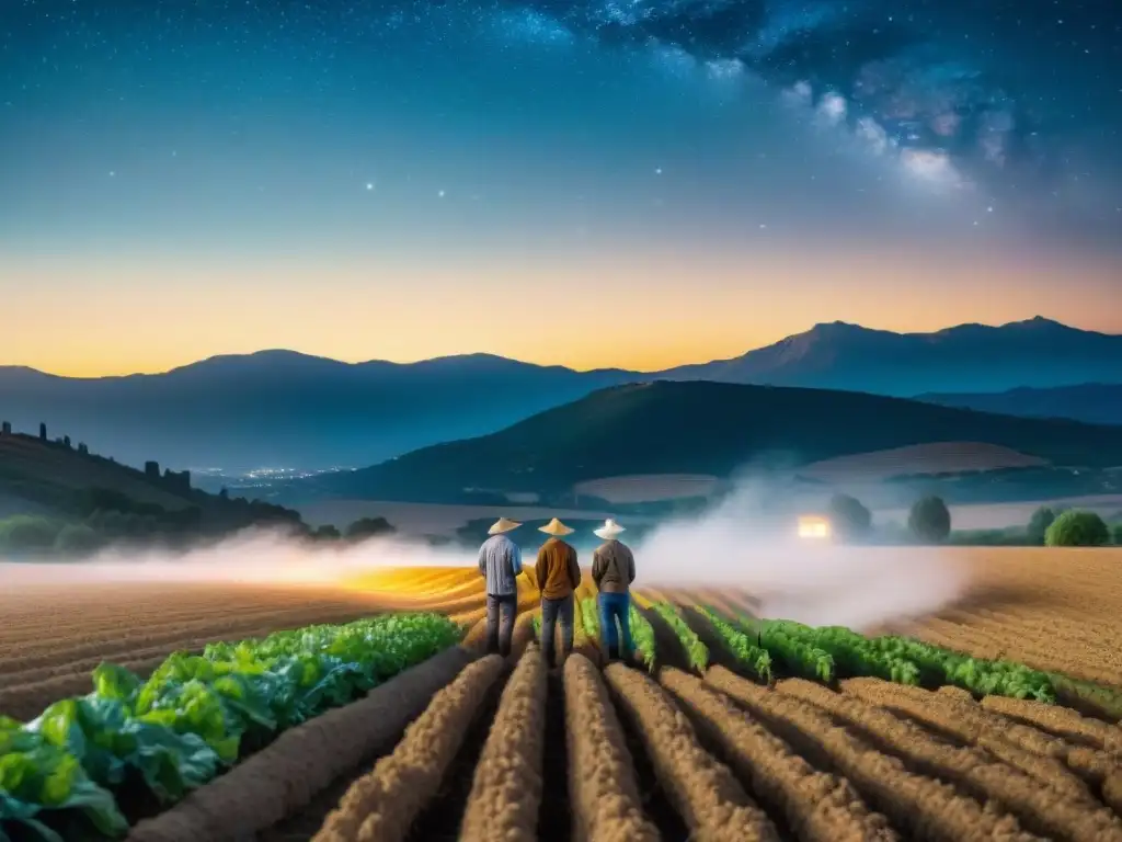 Grupo de agricultores en la antigua Grecia observando el misterio de Urano en la agricultura misteriosa bajo una noche estrellada