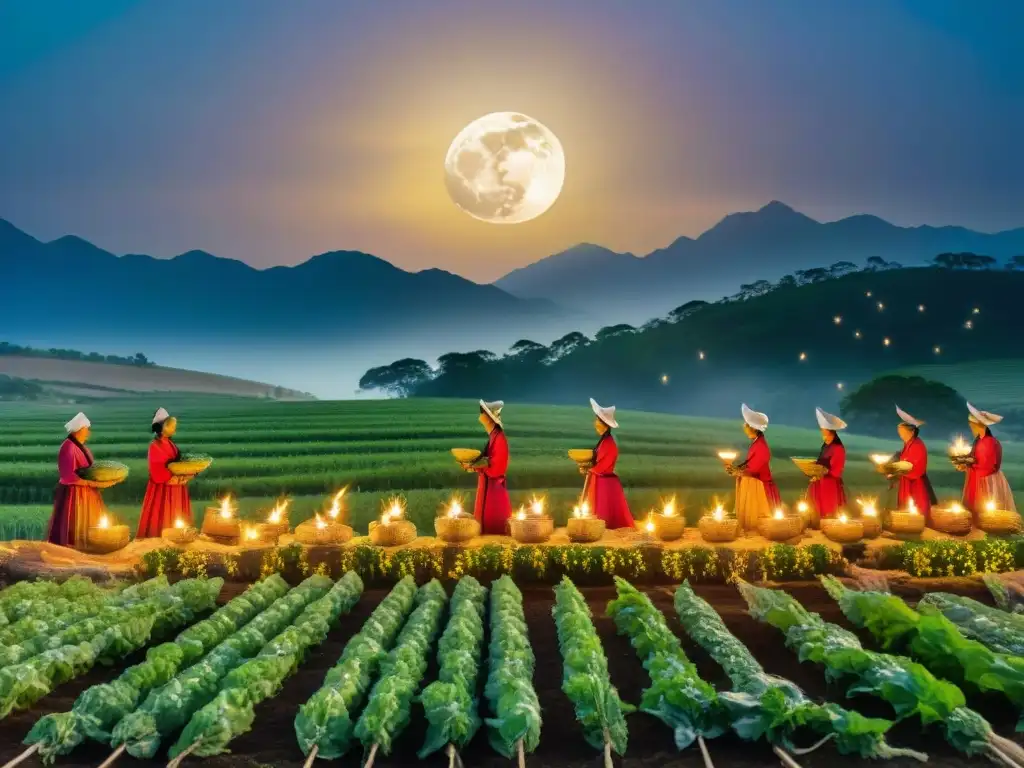 Un grupo de agricultores en un campo verde realizando un ritual bajo un cielo estrellado y la luna llena