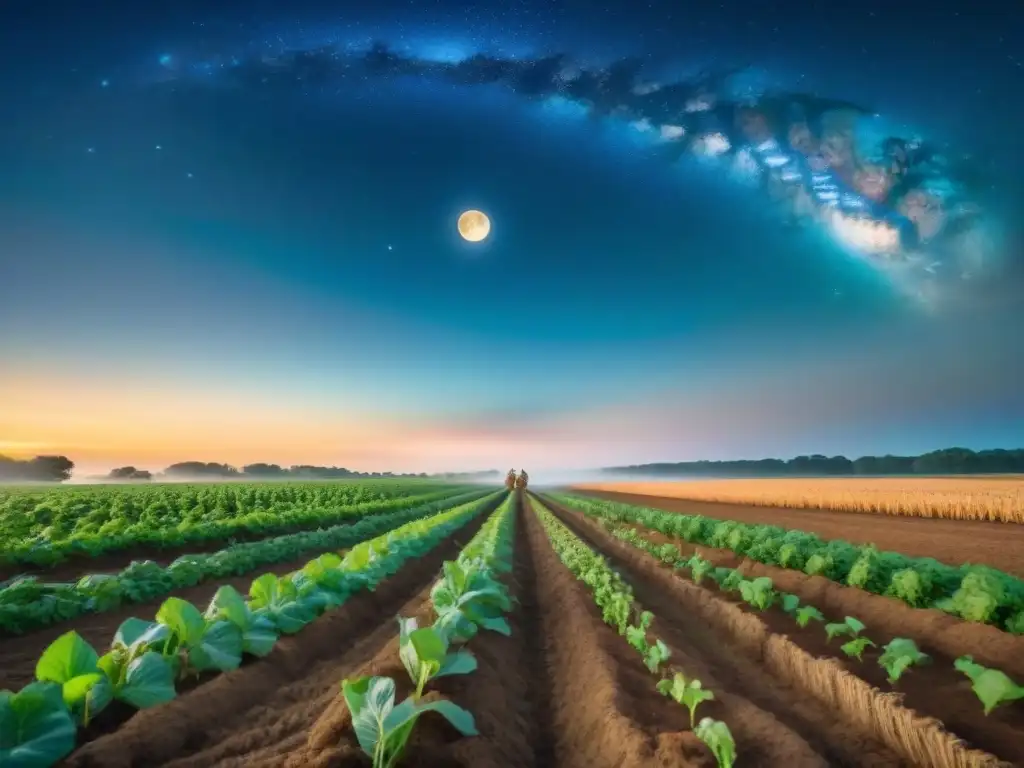 Grupo de agricultores cuidando cultivos bajo la luna en civilizaciones antiguas