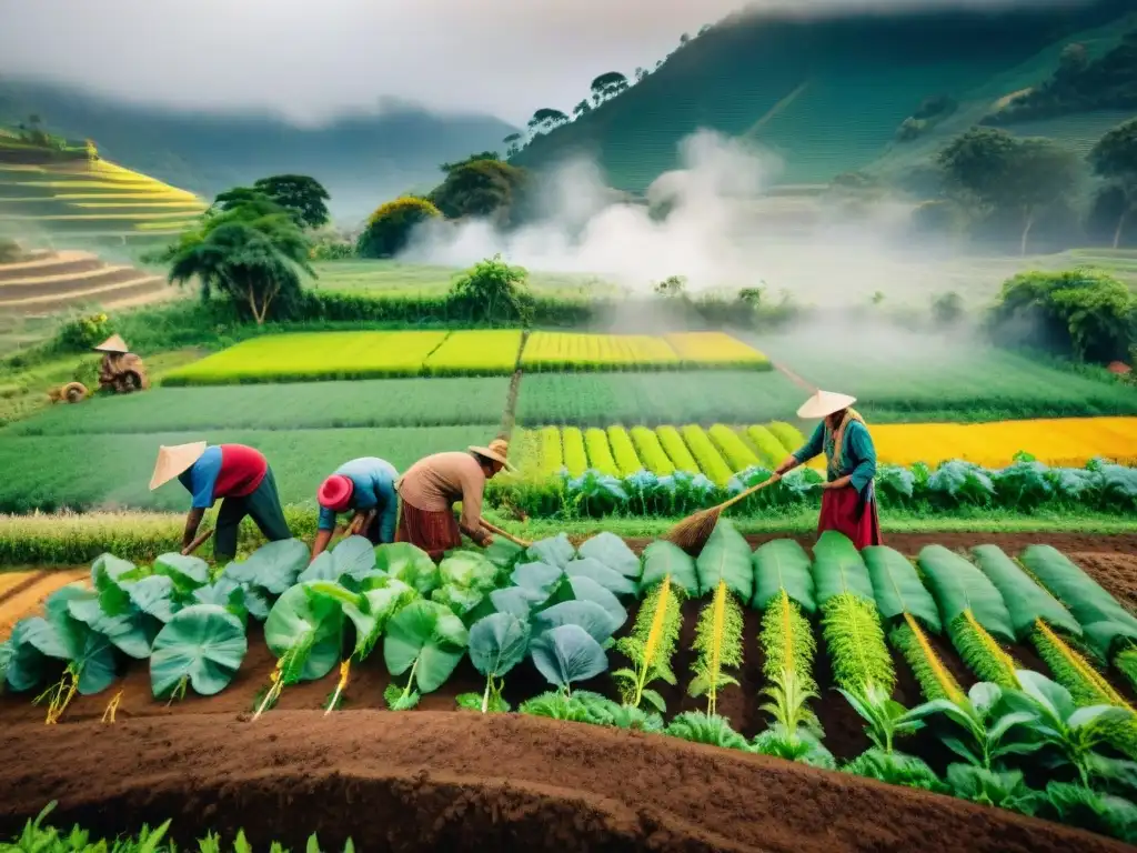 Indígenas expertos en permacultura cultivando sabiduría ancestral Grupo de agricultores indígenas practicando técnicas ancestrales en una granja de permacultura