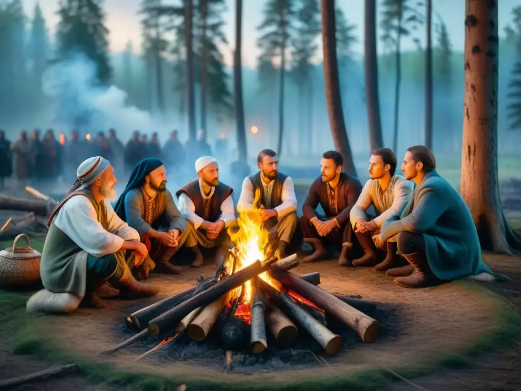 Grupo de aldeanos eslavos escuchando un cuento alrededor de una fogata en el bosque