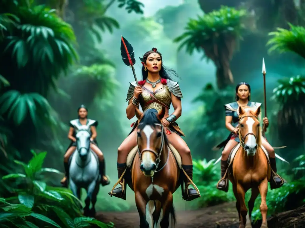 Un grupo de Amazonas guerreras de la mitología griega cabalgan con determinación en la exuberante jungla