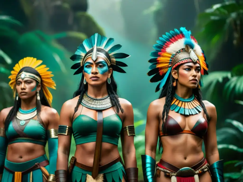 Un grupo de Amazonas guerreras en la selva, con atuendos tradicionales y armas, rodeadas de criaturas mitológicas