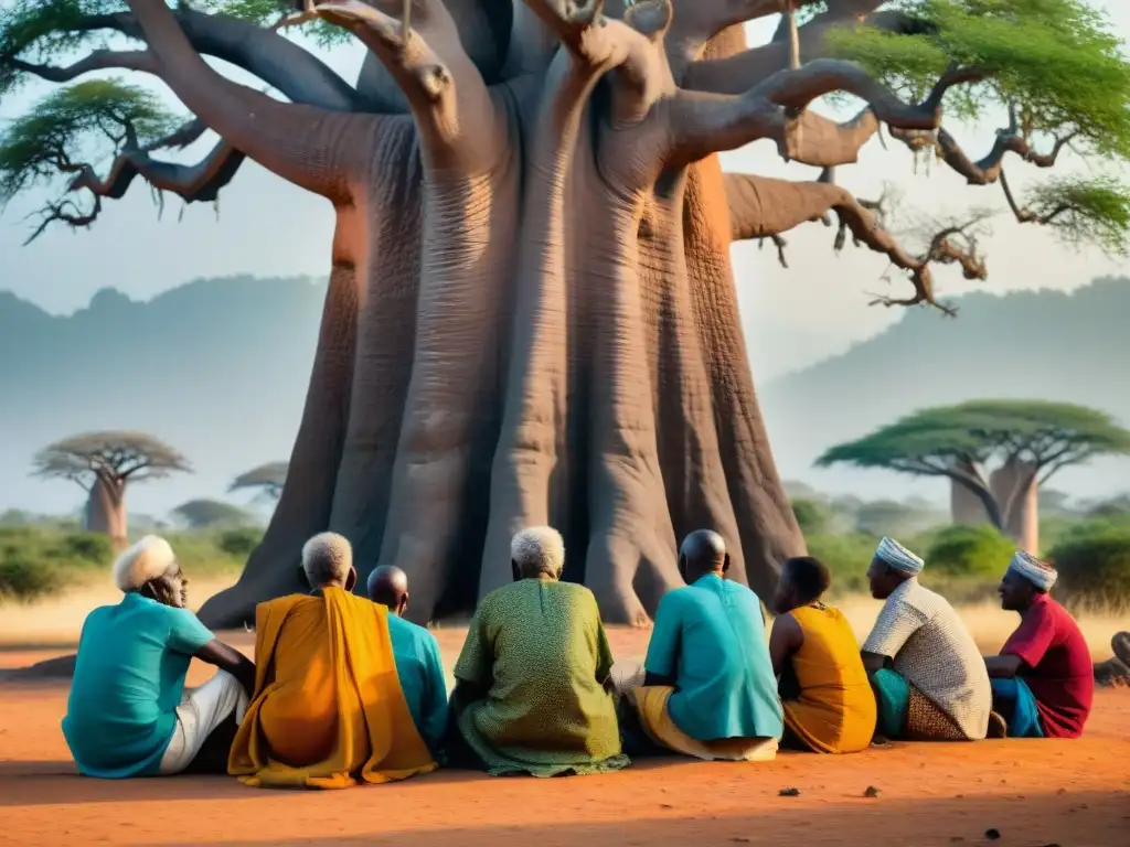 Un grupo de ancianos narrando una parábola africana bajo un baobab, transmitiendo enseñanzas morales a jóvenes