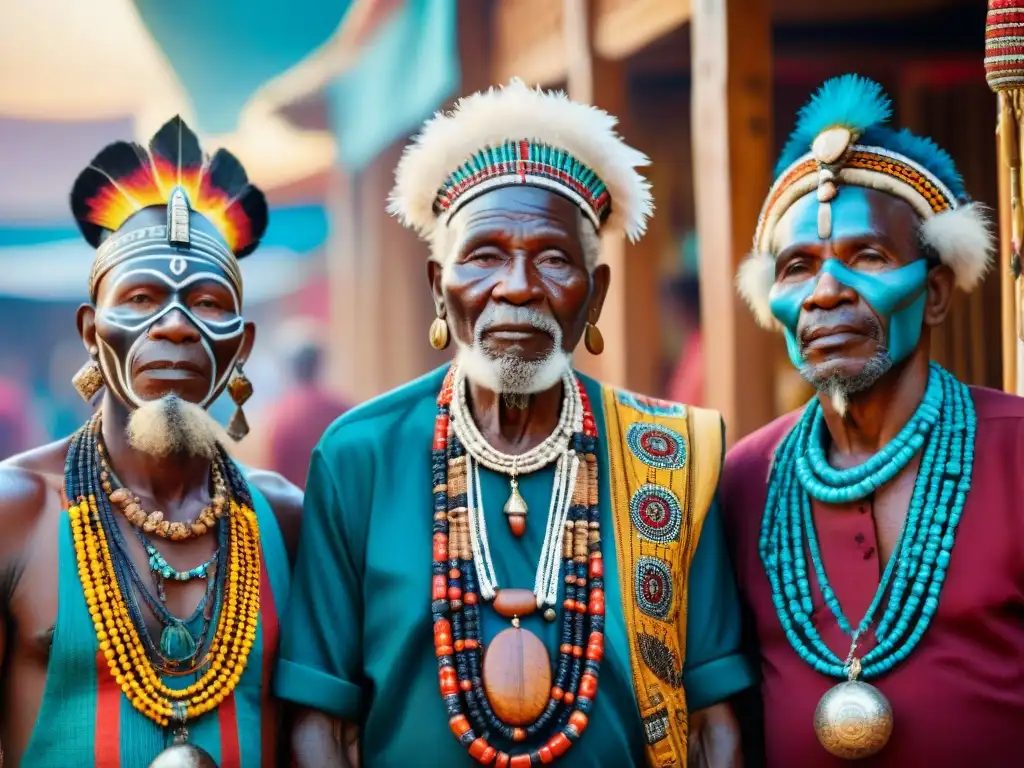 Un grupo de ancianos africanos viste coloridas prendas tradicionales y sostiene máscaras de madera, en un mercado africano vibrante