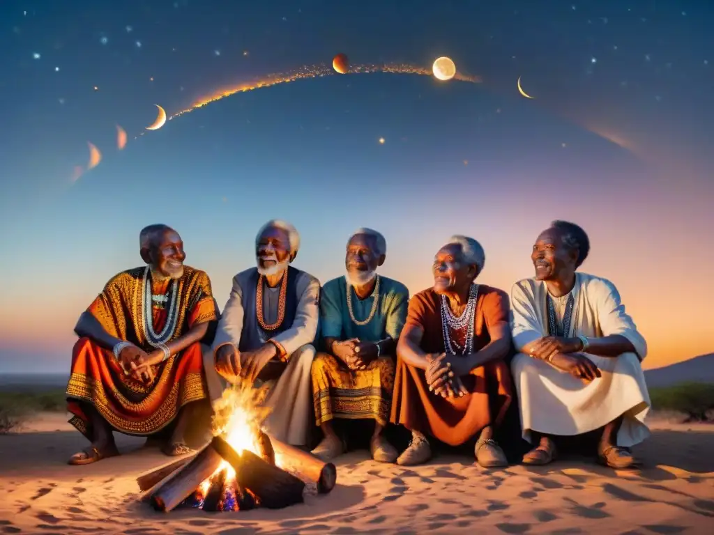 Un grupo de ancianos africanos, admirando un eclipse parcial bajo el cielo estrellado