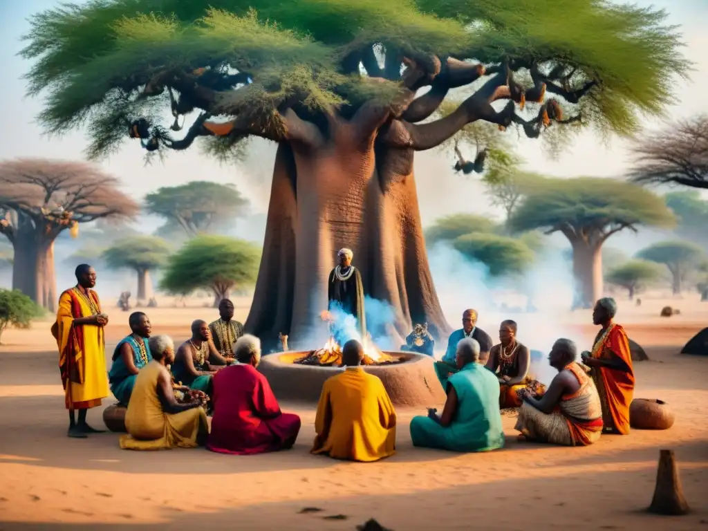 Un grupo de ancianos africanos realiza rituales de invocación ancestral misteriosos bajo un baobab centenario