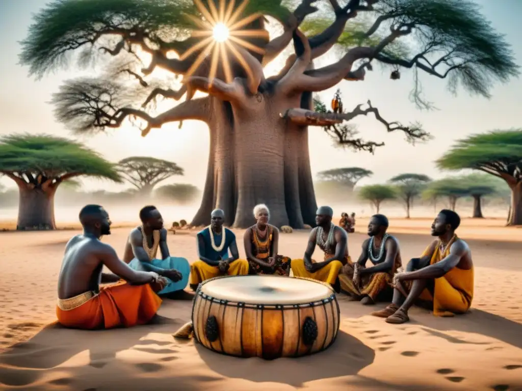 Un grupo de ancianos africanos vestidos con atuendos tradicionales, tocando tambores bajo la sombra de un baobab