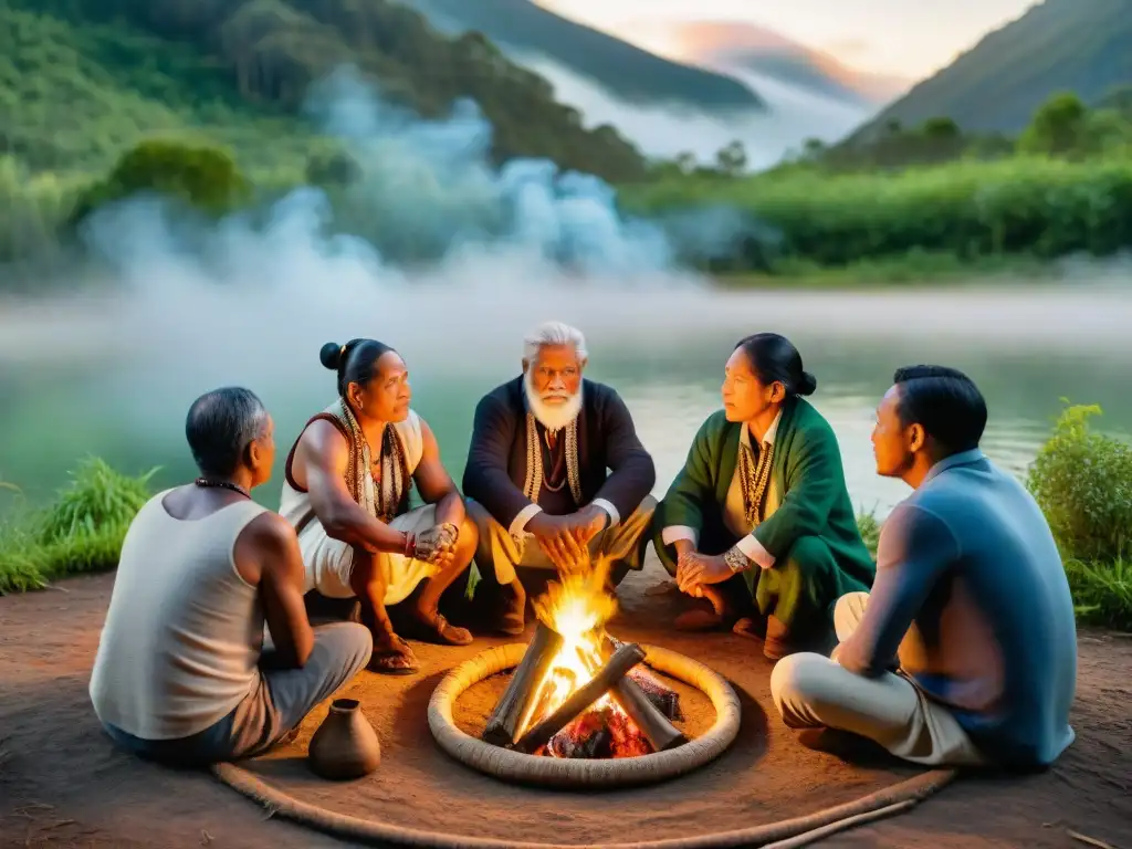 Un grupo de ancianos indígenas transmite sabiduría ancestral a niños en un círculo alrededor del fuego, resaltando la preservación digital