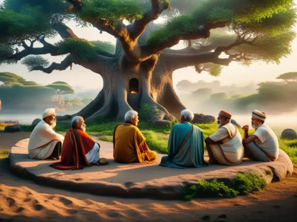 Grupo de ancianos de civilización antigua bajo árbol al atardecer, reflejando sabiduría y tradición oral civilizaciones antiguas