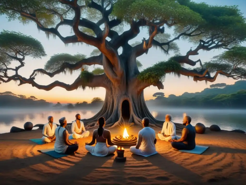 Grupo de yoguis ancianos meditando bajo un árbol de banyan al atardecer, rodeados de lámparas de aceite