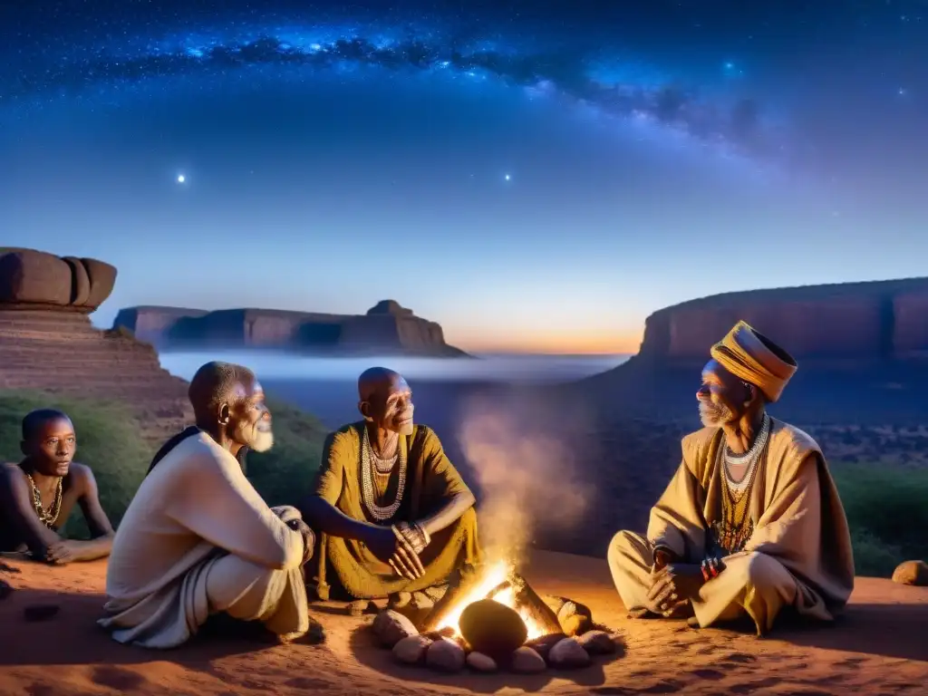 Un grupo de ancianos Dogon en atuendo tradicional bajo un cielo estrellado, iluminados por una fogata, señalando la brillante estrella Sirio