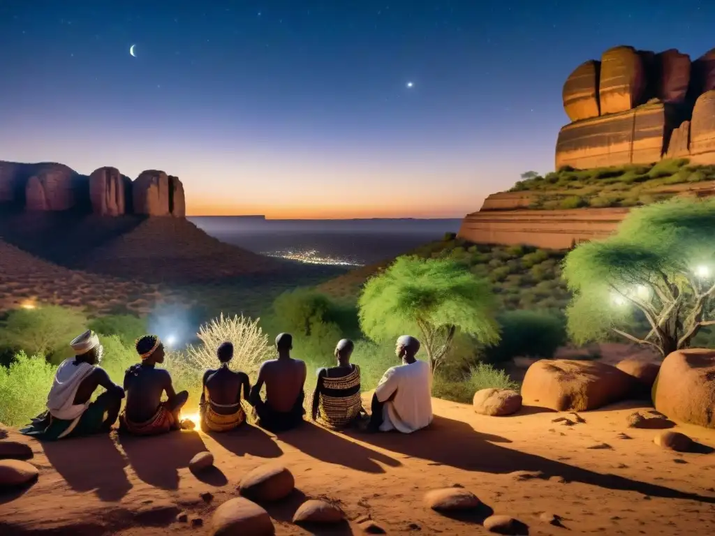 Un grupo de ancianos Dogon discutiendo bajo el cielo estrellado, señalando al firmamento