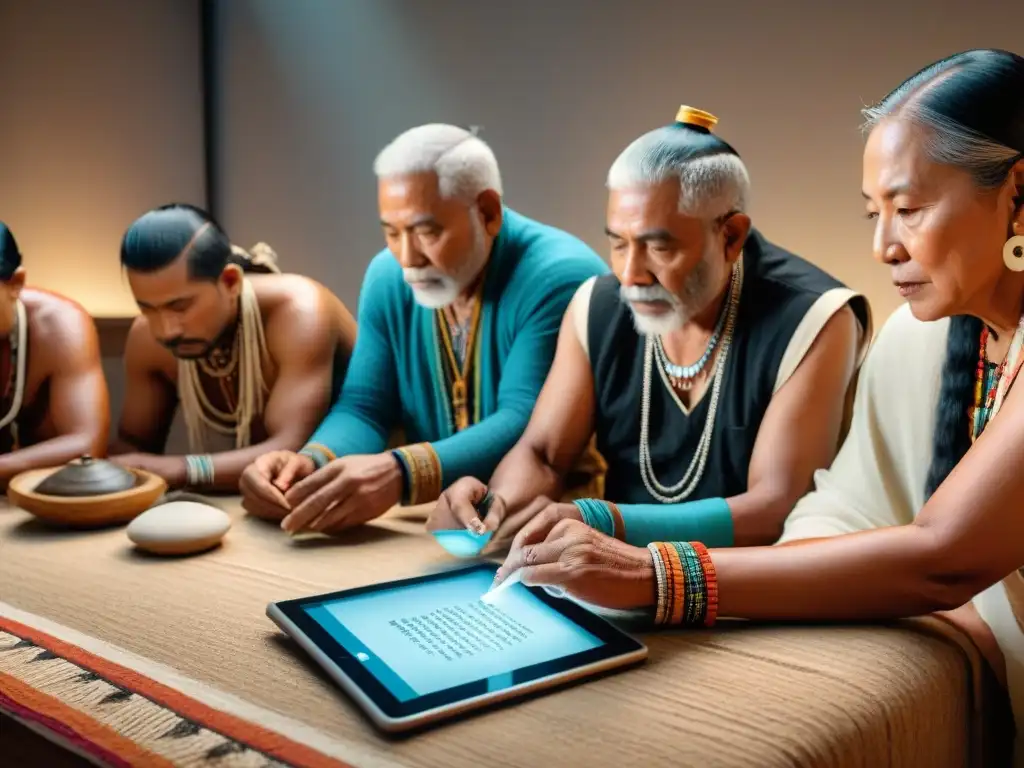 Grupo de ancianos indígenas explorando un archivo digital de sabiduría ancestral con orgullo y asombro