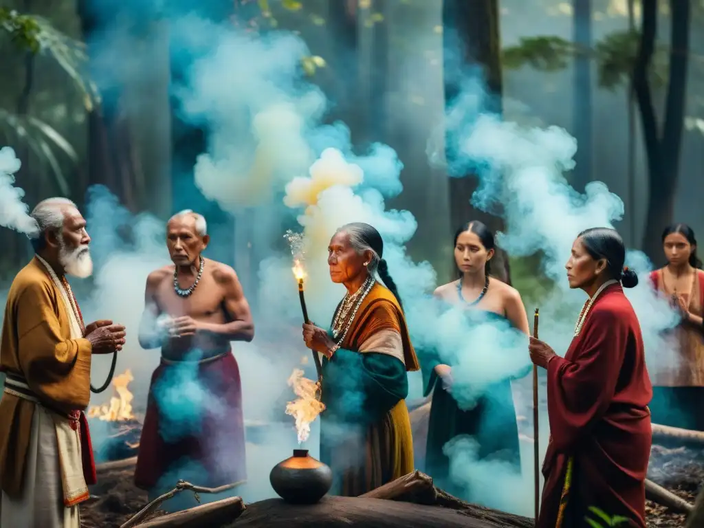 Un grupo de ancianos indígenas de diferentes culturas realizando rituales de comunicación con el más allá en un claro del bosque