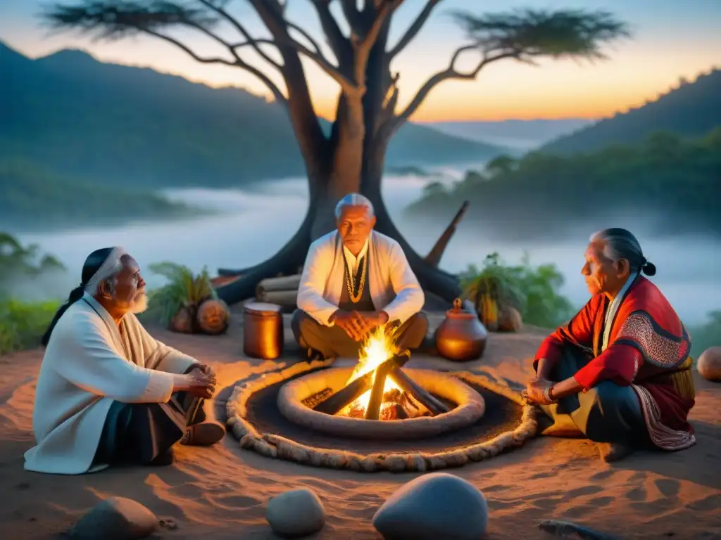 Grupo de ancianos indígenas alrededor de una fogata, compartiendo sabiduría ancestral en la preservación digital