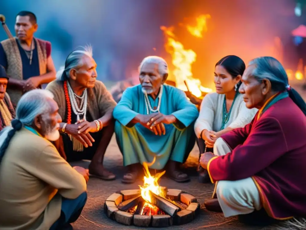 Grupo de ancianos indígenas tocando instrumentos tradicionales alrededor del fuego, resaltando la Importancia de la música ancestral