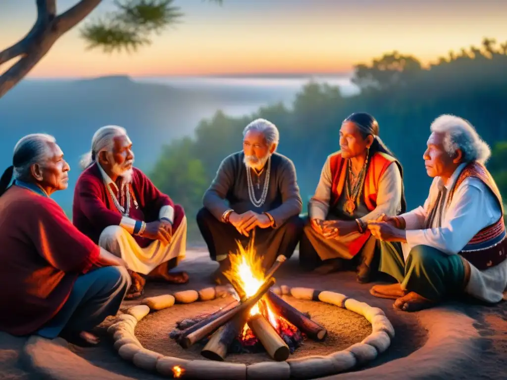 Grupo de ancianos indígenas tocando instrumentos tradicionales alrededor de una fogata, resplandeciendo en la Importancia de la música ancestral