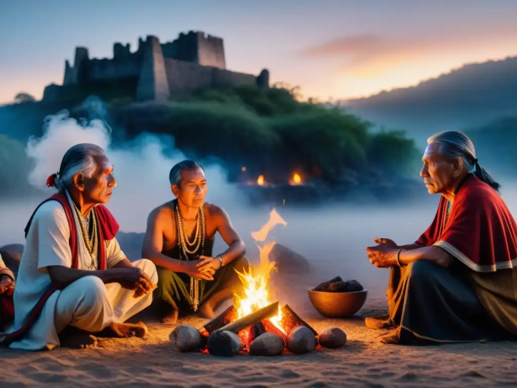 Grupo de ancianos indígenas en ritual junto al fuego en ruinas antiguas, evocando misterio y tradición