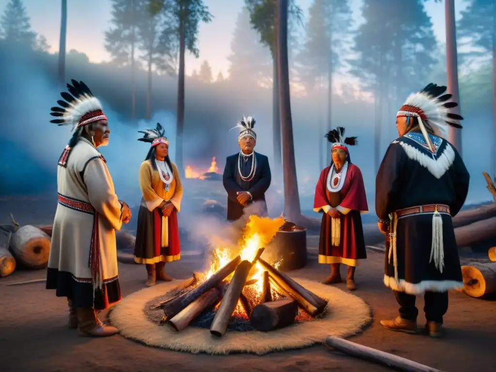 Un grupo de ancianos indígenas en un ritual de iniciación, rodeando una fogata en un bosque místico