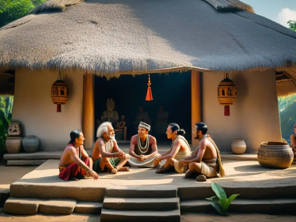 Grupo de ancianos mayas bajo palapa de paja contando historias a jóvenes, reflejo de la literatura oral en civilizaciones antiguas