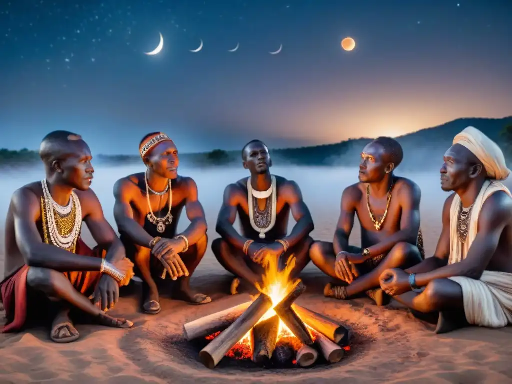 Grupo de ancianos tribales en África, discutiendo el significado de eclipses bajo cielo estrellado