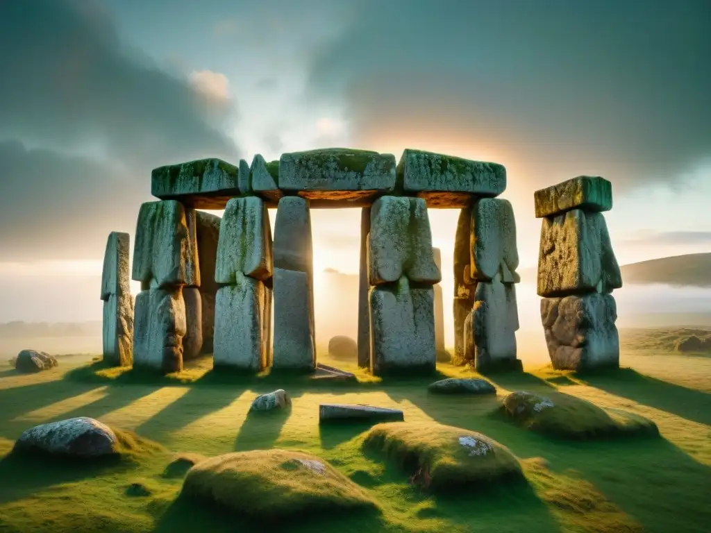 Druidas Celtas en Ritual al Amanecer junto al Menhir Sagrado Un grupo de antiguos druidas celtas se reúnen alrededor de un imponente menhir, en una misteriosa y sagrada ceremonia al amanecer