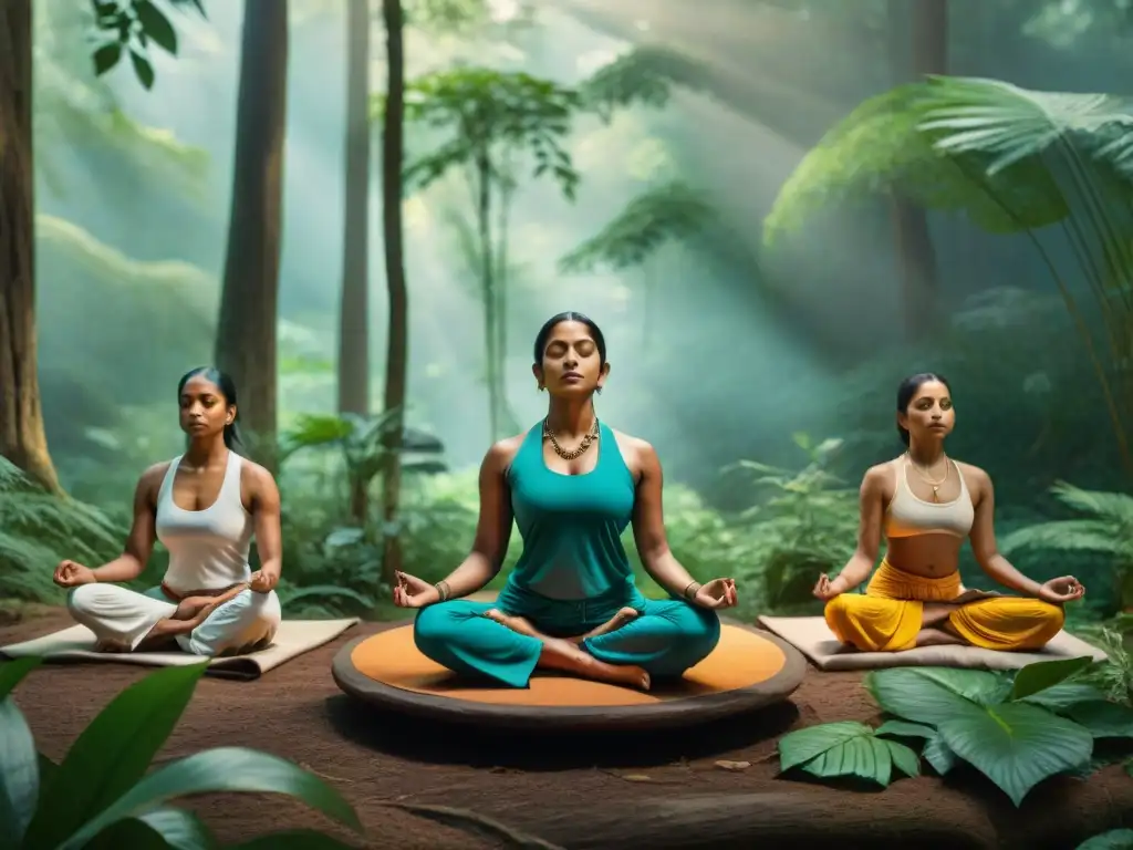 Un grupo de antiguos yoguis hindúes meditando en un exuberante bosque, creando una atmósfera de prácticas de meditación hindú antigua