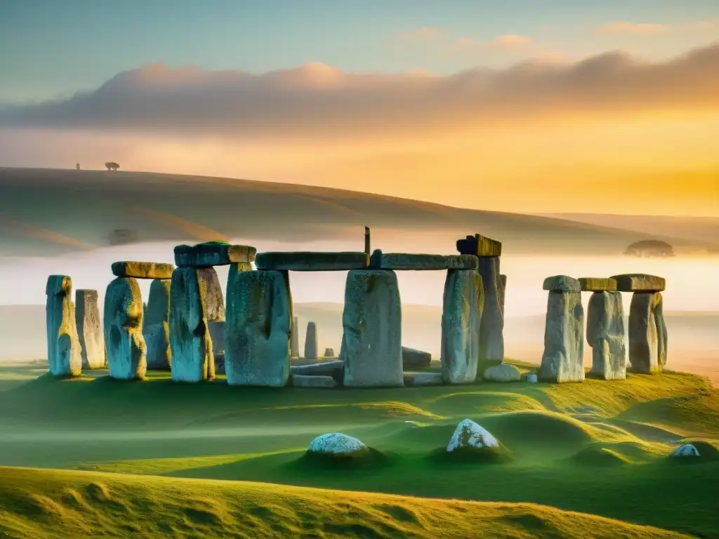 Un grupo de arqueólogos desenterrando antiguas carvings al atardecer en Stonehenge