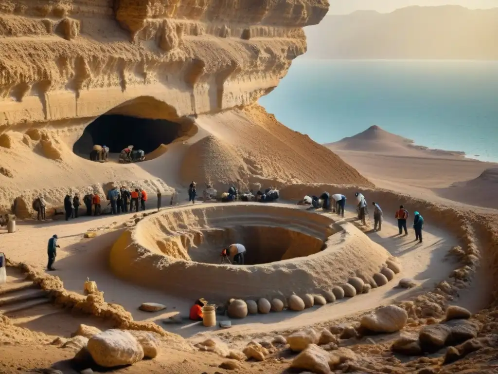 Grupo de arqueólogos excavando en cueva cerca del Mar Muerto al atardecer