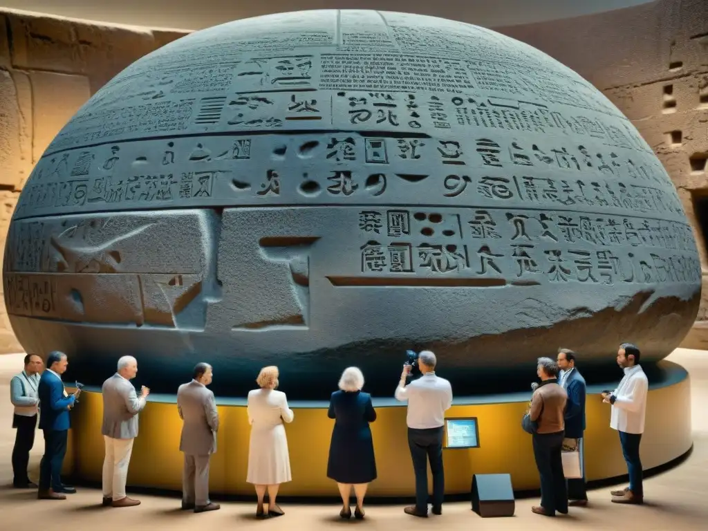 Un grupo de arqueólogos examina con detalle la Piedra de Rosetta, con expresiones concentradas y herramientas especializadas