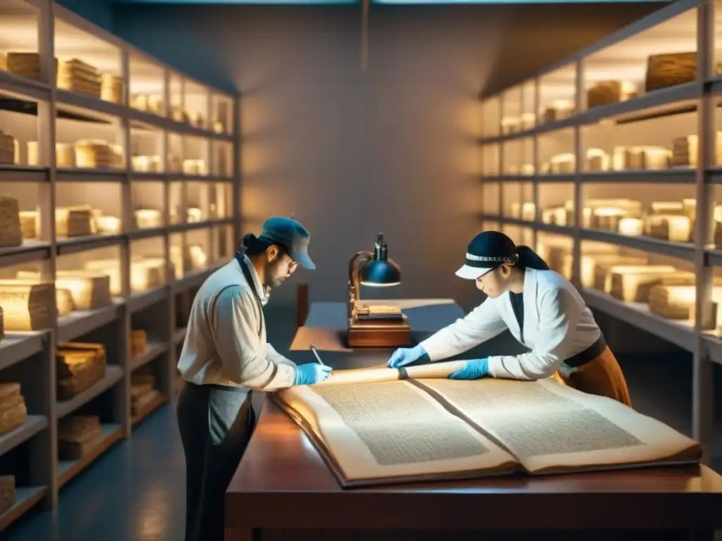 Arqueólogos escaneando manuscritos antiguos con tecnología avanzada Grupo de arqueólogos estudiando manuscritos antiguos con detalle en un ambiente atmosférico