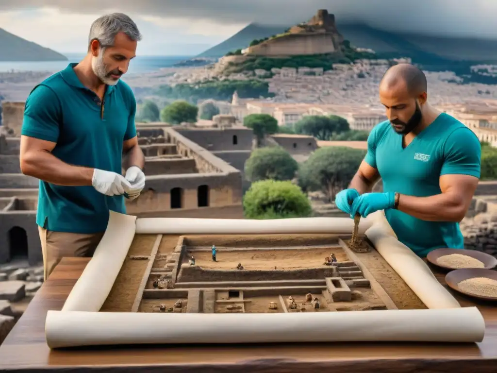 Excavación de papiros en Herculano: descubriendo la historia perdida Un grupo de arqueólogos excavando manuscritos antiguos códigos perdidos en Herculano, revelando secretos enterrados
