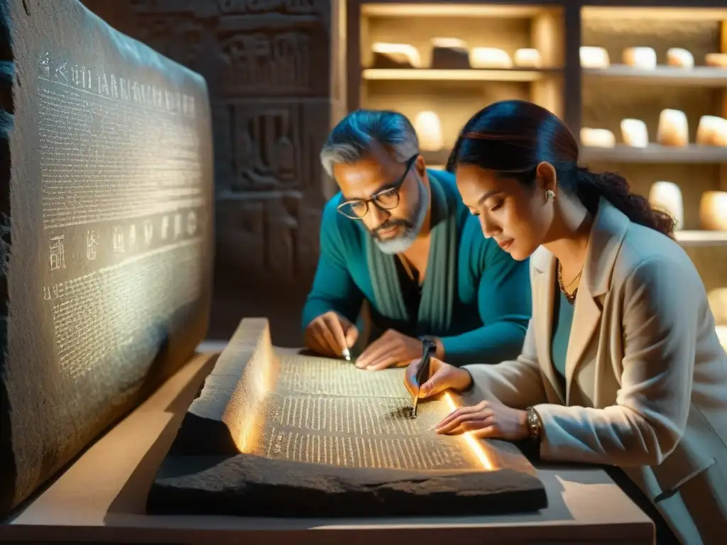 Grupo de arqueólogos examinando la Piedra Rosetta con herramientas, rodeados de libros y artefactos en una atmósfera de estudio