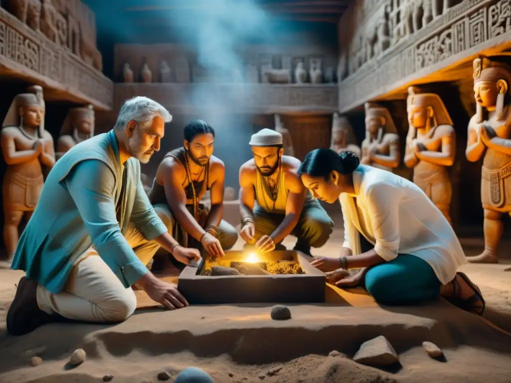 Grupo de arqueólogos y psíquicos trabajando juntos en excavación antigua