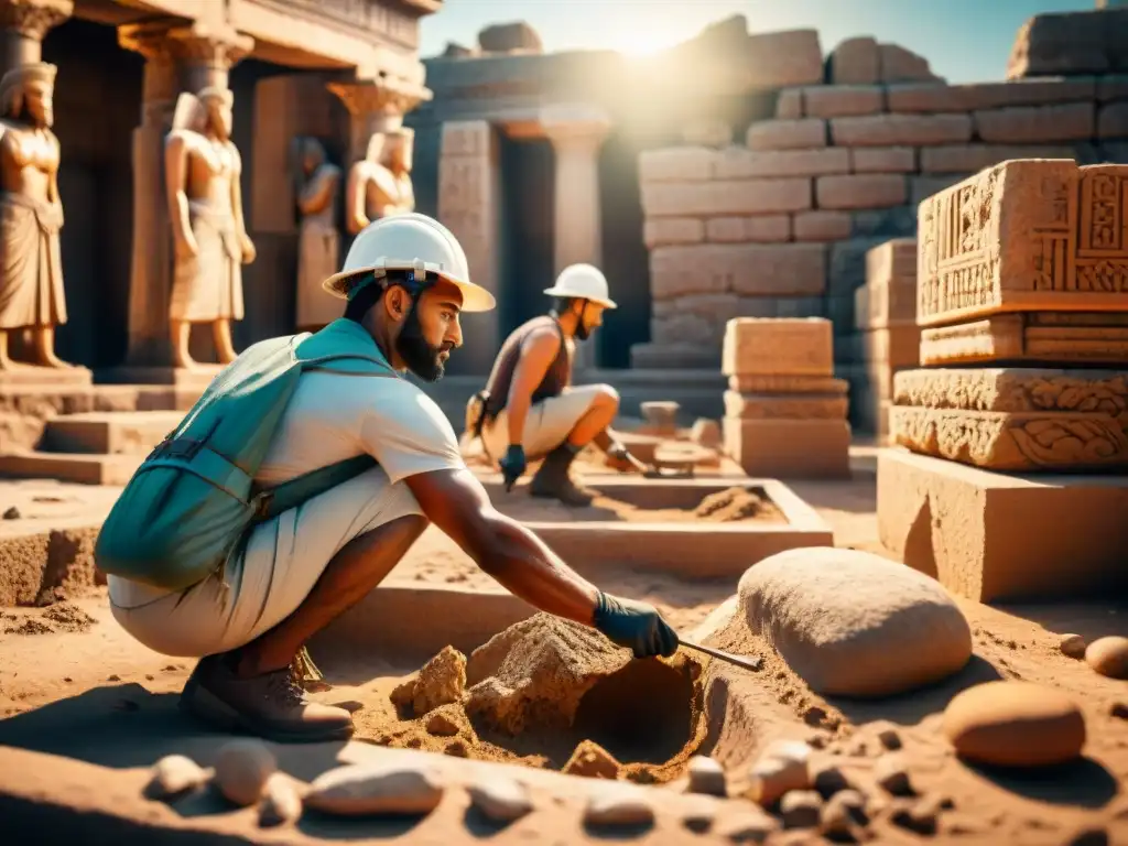 Un grupo de arqueólogos desenterrando ruinas antiguas bajo el sol, conectando con culturas antiguas perdidas