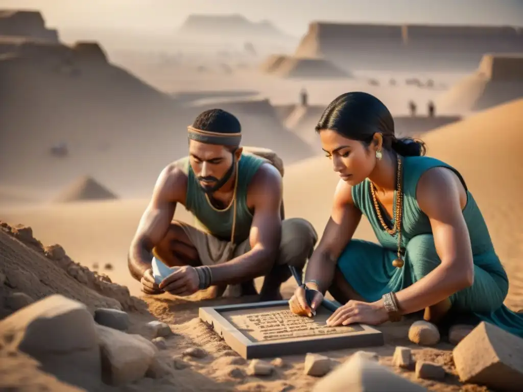 Un grupo de arqueólogos excavando ruinas sumerias en el desierto bajo el sol abrasador