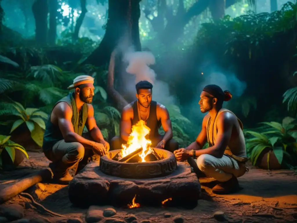 Un grupo de arqueólogos examina símbolos en un altar de piedra antiguo en la jungla