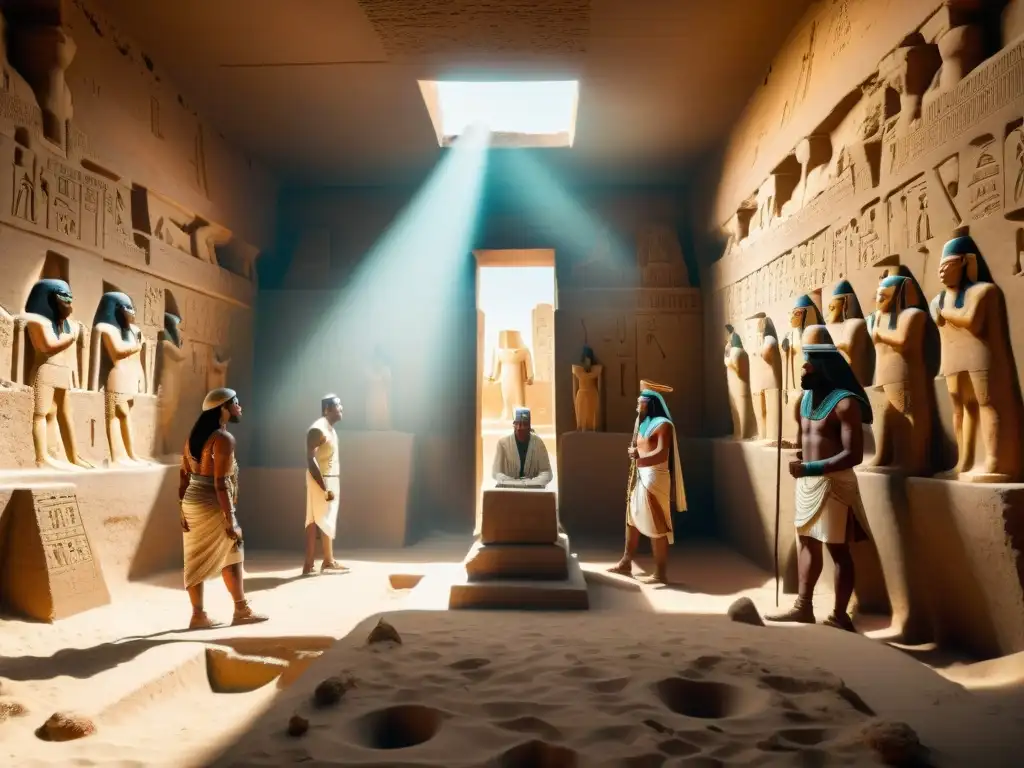 Grupo de arqueólogos excavando una tumba egipcia antigua, revelando misterios Osiris en escena llena de emoción y descubrimiento